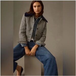Maeve Anthropologie Jacket Tweed Faux Fur Collar Houndstooth Womens XS